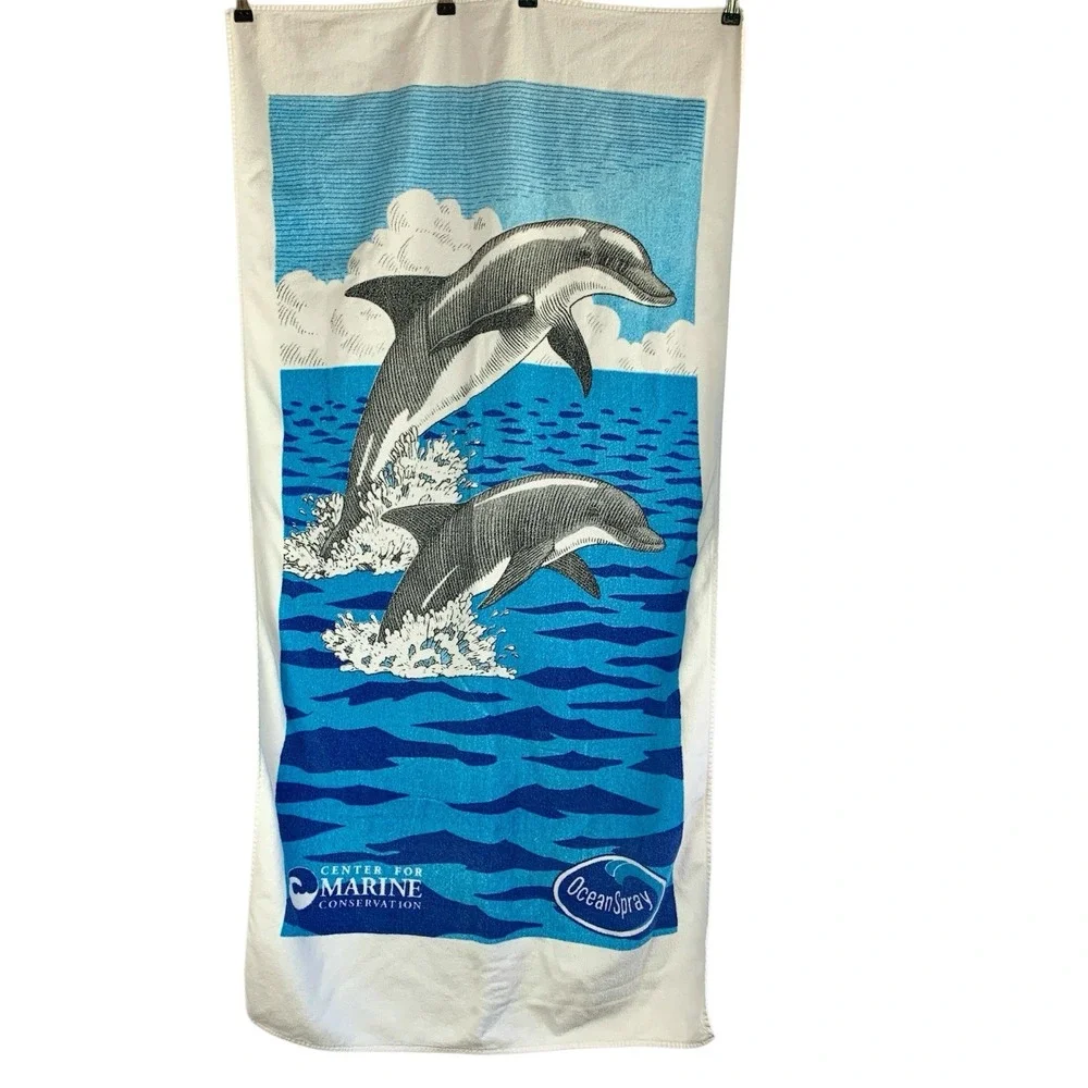 Vintage Beach Towel Dolphins Ocean Spray 90s Y2K Cotton Pool Summer Fun 26x50